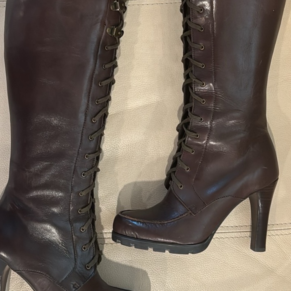 🟢 Ralph Lauren Brown Lace Up Knee High Boots Shoes 5